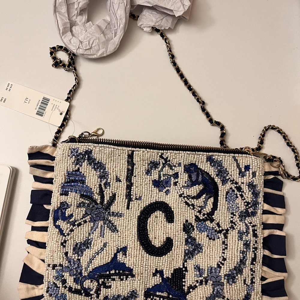 Embroidered Blue and Black Chain Bag